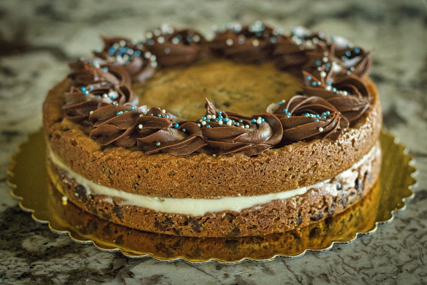 Decorated chocolate chip cookie cake