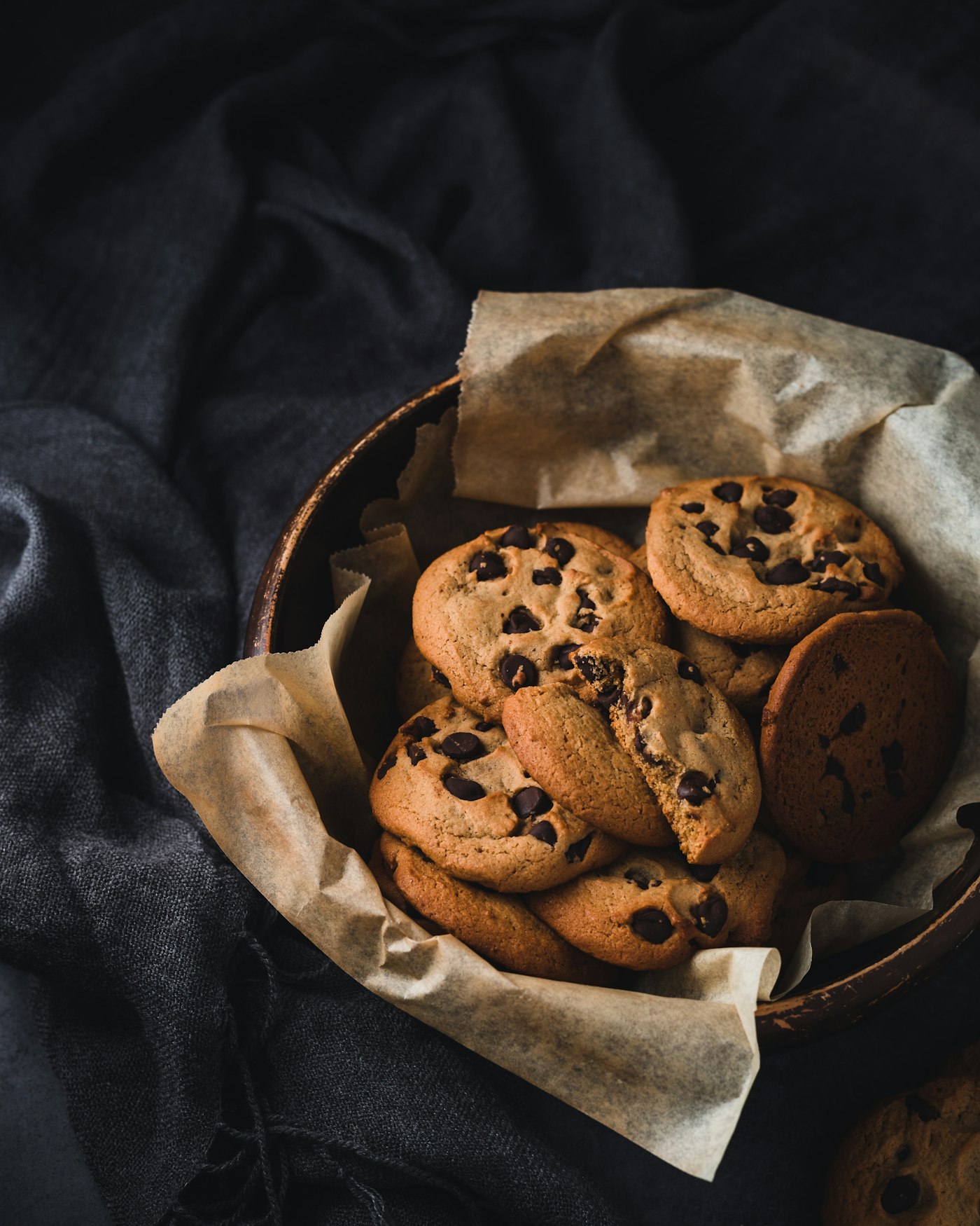 A bowl of warm chocolate chip cookies