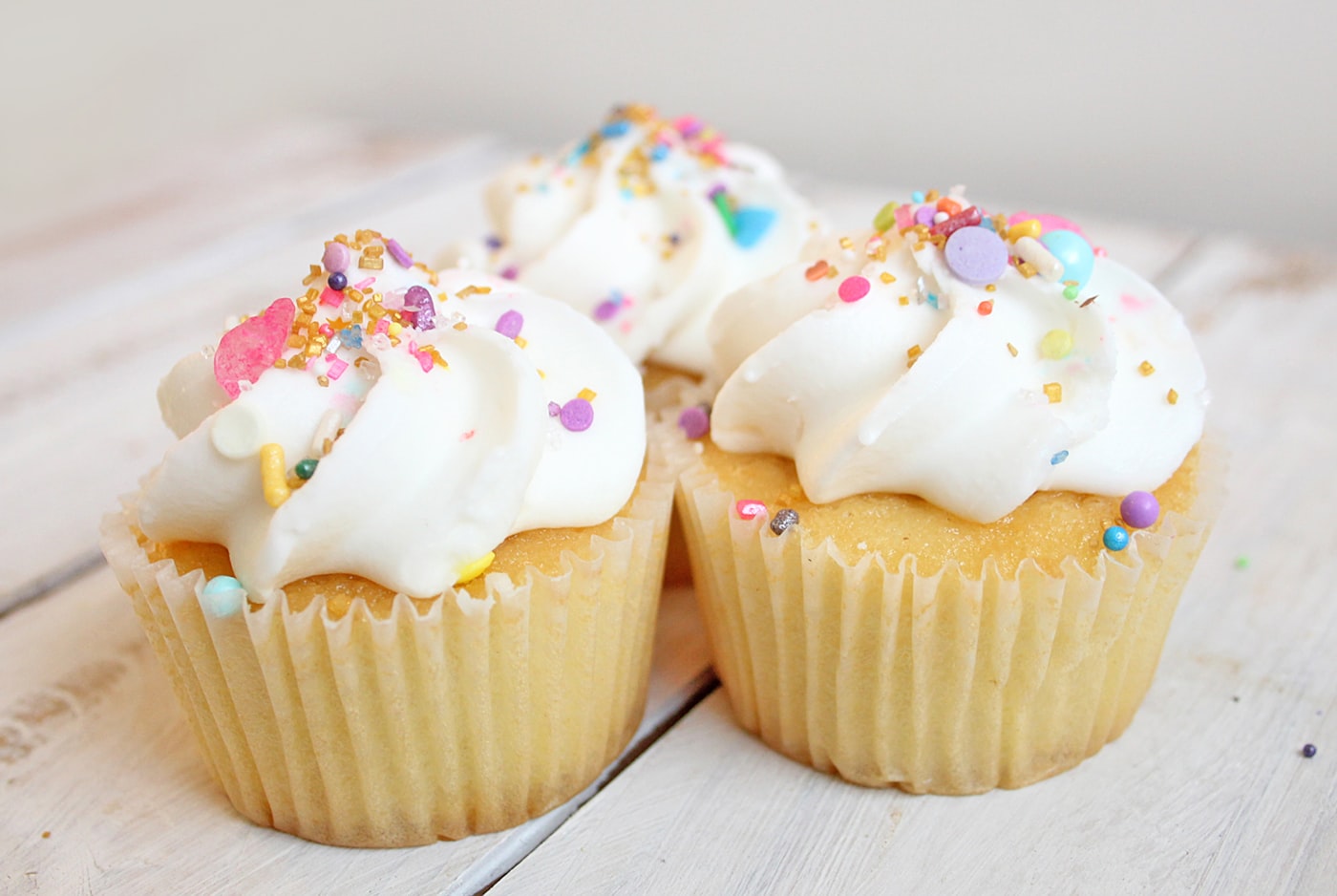 Three frosted cupcakes