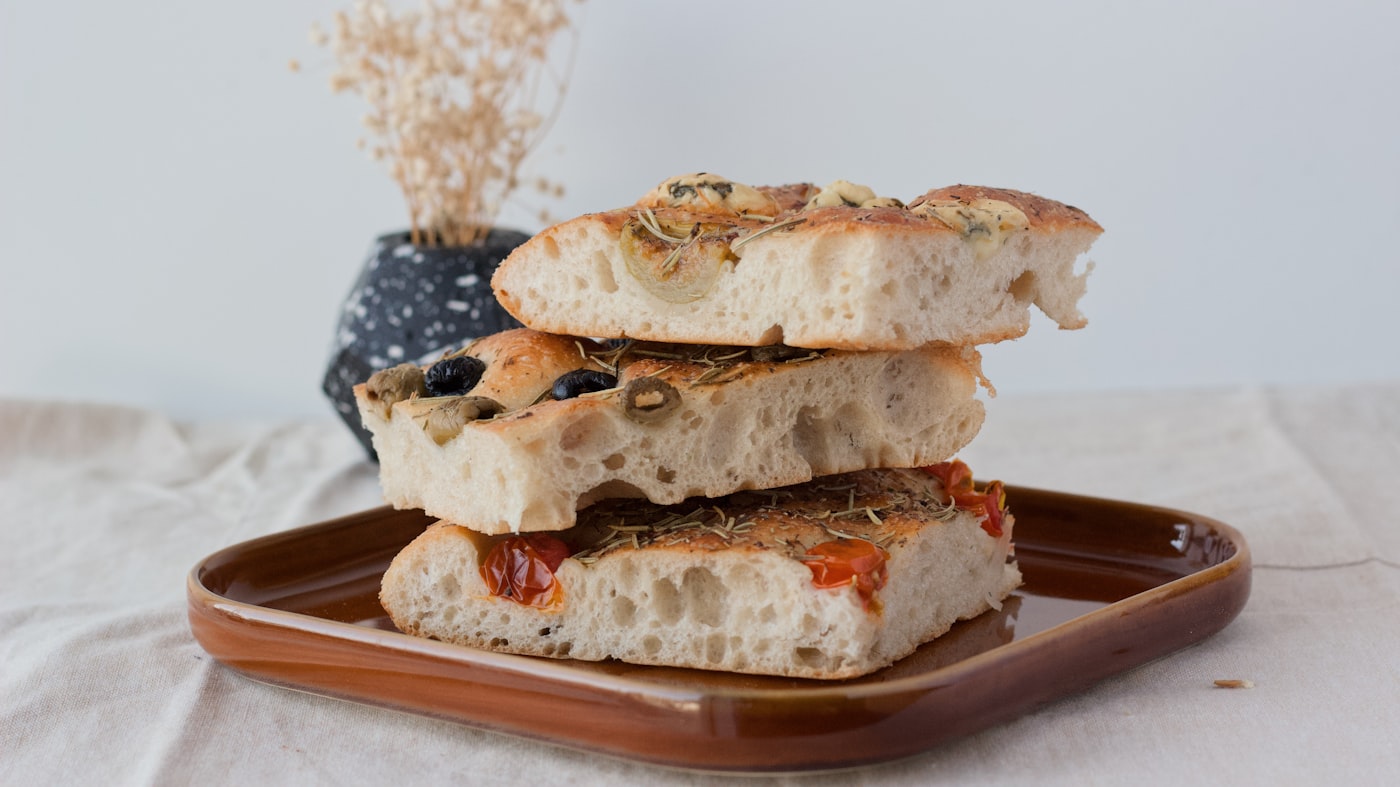 A stack of focaccia squares